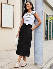 luvamia FleXclusive Jean Skirts for Women High Waisted Midi Denim Drawstring Elastic Waist Long Skirt with Pockets Front Slit