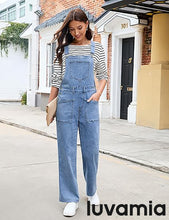 LUVAMIA Women's Denim Wide Leg Jumpsuit Side Snap Closure Five Pocket Utility