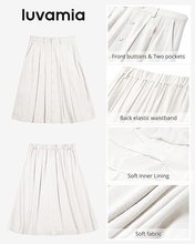 luvamia Linen Skirts for Women Midi Pleated Elastic High Waisted Casual Button Down A Line Flowy Summer Skirt with Pockets