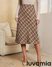 luvamia Plaid Skirts for Women Midi Length High Waisted Trendy A Line Elastic Waist Casual Office Work Fall Skirt