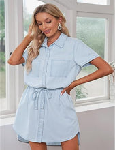 luvamia Women Casual Denim Dress Short Sleeve Tie Waist Classic Jean Shirt Dress