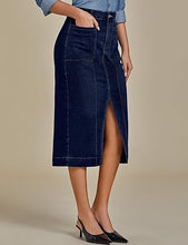 LUVAMIA Women's Skirts High Waisted Below Knee Split Hem Denim Bodycon Midi