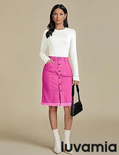 luvamia Women's Casual Mid Rise Button Down Frayed Raw Hem Fit Denim Jean Skirt