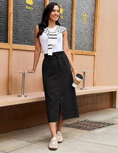 luvamia FleXclusive Jean Skirts for Women High Waisted Midi Denim Drawstring Elastic Waist Long Skirt with Pockets Front Slit