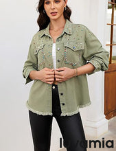 luvamia Jean Jacket for Women Trendy Rhinestone Embellished Long Sleeve Denim Jackets with Pockets