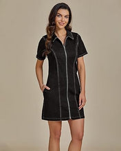 LUVAMIA Women's Short Sleeve Slim Tight Shirt-Neck Symmetrical Simple Versatile Denim Dress