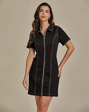 LUVAMIA Women's Short Sleeve Slim Tight Shirt-Neck Symmetrical Simple Versatile Denim Dress