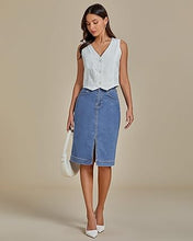 LUVAMIA Women's Brief Denim Midi Knee-Length Skirt Vintage Split High-Waist