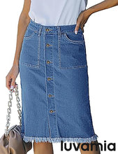 luvamia Women's Casual Mid Rise Button Down Frayed Raw Hem Fit Denim Jean Skirt