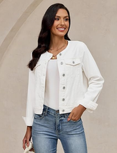 luvamia FleXclusive Women's Button Down Long Sleeves Crew Neck Denim Jacket