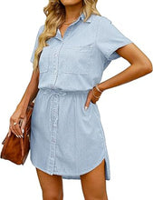 luvamia Women Casual Denim Dress Short Sleeve Tie Waist Classic Jean Shirt Dress