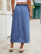 luvamia FleXclusive Jean Skirts for Women High Waisted Midi Denim Drawstring Elastic Waist Long Skirt with Pockets Front Slit