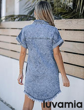 luvamia Denim Dress for Women Button Down Short Sleeves Casual Summer Jean Shirt Dresses with Pockets Frayed Hem