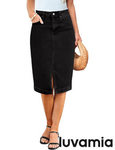 LUVAMIA Women's Brief Denim Midi Knee-Length Skirt Vintage Split High-Waist
