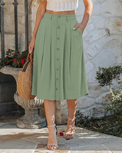 luvamia Linen Skirts for Women Midi Pleated Elastic High Waisted Casual Button Down A Line Flowy Summer Skirt with Pockets