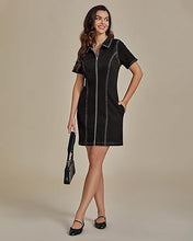 LUVAMIA Women's Short Sleeve Slim Tight Shirt-Neck Symmetrical Simple Versatile Denim Dress