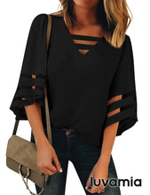 luvamia Women Casual Strappy V Neck Blouse 3/4 Bell Sleeve Mesh Panel Shirts Top
