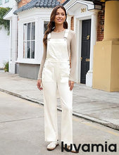 LUVAMIA Women's White Denim Wide Leg Jumpsuit Side Snap Closure Five Pocket Utility