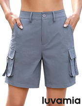 luvamia Cargo Shorts Women High Waisted Casual Elastic Waist 7" Inseam Mid Thigh Hiking Golf Shorts with Utility Pockets
