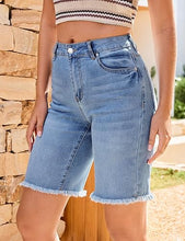 luvamia FleXclusive Jean Bermuda Shorts for Women Trendy Mid Rise Raw Hem Knee Length Stretchy Denim Long Shorts Summer Casual Jorts