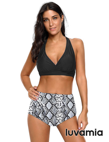 luvamia Women's Halter Self Tie Ruched High Waist Two Piece Bikini Set Swimsuits