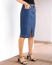 LUVAMIA Women's Brief Denim Midi Knee-Length Skirt Vintage Split High-Waist
