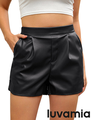 luvamia Faux Leather Shorts for Women High Wasited Pull On Pleated Side Slit Pleather Shorts with Elastic Waist Pockets