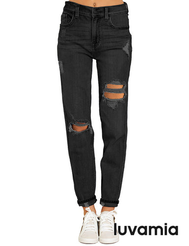 luvamia Women's Casual Ripped Jeans Elastic Waist Slim Boyfriend Jeans Denim Pants