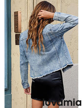luvamia FleXclusive Denim Jacket for Women Distressed Jean Jackets Button Up Vintage Western Trucker Jacket Frayed Hem Pockets