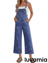 luvamia FleXclusive Denim Overalls for Women Wide Leg Capri Jean Jumpsuit Loose Fit Summer Stretchy Bib Overall Embroidered Raw Hem