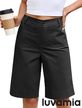 luvamia Bermuda Shorts for Women Knee Length High Waisted Dressy Casual Patch Pocket Chino Elastic Waist Long Shorts