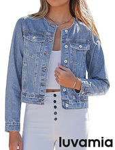 luvamia FleXclusive Women's Button Down Long Sleeves Crew Neck Denim Jacket