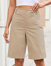 luvamia Bermuda Shorts for Women Knee Length High Waisted Dressy Casual Patch Pocket Chino Elastic Waist Long Shorts