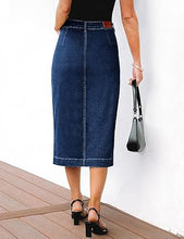 LUVAMIA Women's Skirts High Waisted Below Knee Split Hem Denim Bodycon Midi