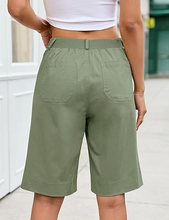 luvamia Bermuda Shorts for Women Knee Length High Waisted Dressy Casual Patch Pocket Chino Elastic Waist Long Shorts