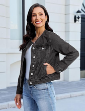 luvamia FleXclusive Women's Button Down Long Sleeves Crew Neck Denim Jacket