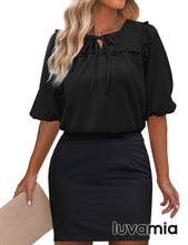 luvamia Womens Blouses and Tops Dressy Casual Business Tie Neck Ruffle Puff Sleeve Work Dress Shirt