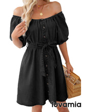 luvamia Denim Dress for Women Off The Shoulder Dresses Puff Sleeve Elastic Waist A Line Short Western Jean Dress Belted