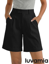 luvamia High Waisted Shorts for Women Dressy Casual Pleated Wide Leg Midi Baggy Work Shorts Rolled Hem with Pockets