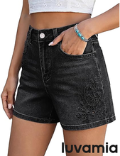 luvamia FleXclusive Jean Shorts for Women High Waisted Eyelet Embroidered Mid Thigh Wide Leg Stretchy Denim Shorts Summer Jorts