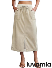 luvamia FleXclusive Jean Skirts for Women High Waisted Midi Denim Drawstring Elastic Waist Long Skirt with Pockets Front Slit