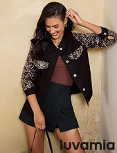 luvamia Sequin Jackets Women Jean Long Sleeves Trendy Sparkly Night Out Party Concert Stretchy Denim Jacket with Pockets