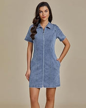 LUVAMIA Women's Short Sleeve Slim Tight Shirt-Neck Symmetrical Simple Versatile Denim Dress