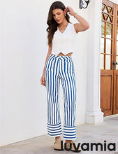 luvamia Striped Jeans for Women Wide Leg High Waisted Trendy Patch Pockets Stretchy Denim Pants Casual Trouser Jeans