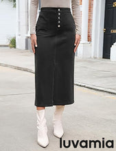 luvamia Corduroy Skirts for Women Midi Length High Waisted Button Fly Fall Casual Elastic Waist Long Skirt with Slit