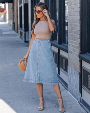 luvamia FleXclusive Jean Skirts for Women Trendy Midi Length A Line Western Casual Button Down Stretchy Denim Skirt with Pockets