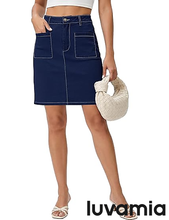 luvamia FleXclusive Jean Skirts for Women High Waisted Trendy Stretchy A-line Contrast Stitching Patch Pocket Short Denim Skirt