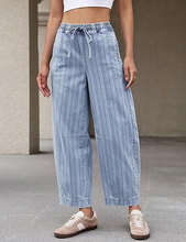 luvamia FleXclusive Barrel Jeans Women Trendy Striped Cropped High Waisted Pull On Elastic Waist Wide Leg Casual Stretch Denim Pants