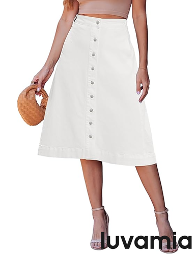 luvamia FleXclusive Jean Skirts for Women Trendy Midi Length A Line Western Casual Button Down Stretchy Denim Skirt with Pockets