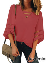 luvamia Women Casual Strappy V Neck Blouse 3/4 Bell Sleeve Mesh Panel Shirts Top